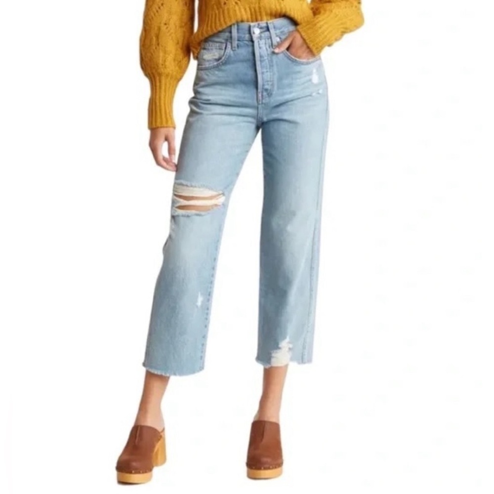 Veronica Beard Blake Ripped High Waist Crop Straight Leg Jeans, Size 29